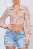 Red Casual Plaid Print Patchwork Turndown Collar Tops