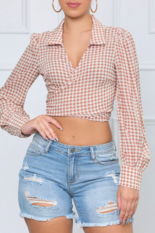 Orange Red Casual Plaid Print Patchwork Turndown Collar Tops