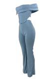 Light Blue Sexy Solid Patchwork Strapless Jumpsuits