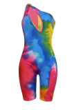 Pink Sexy Patchwork Tie-dye One Shoulder Skinny Rompers