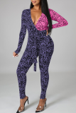 Purple Sexy Print Patchwork V Neck Skinny Jumpsuits