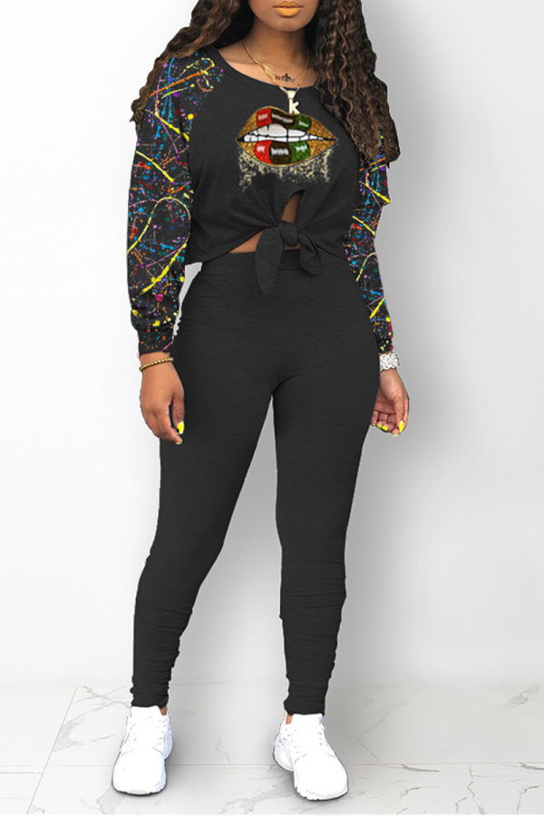 Black Casual Print Hollowed Out O Neck Long Sleeve Two Pieces