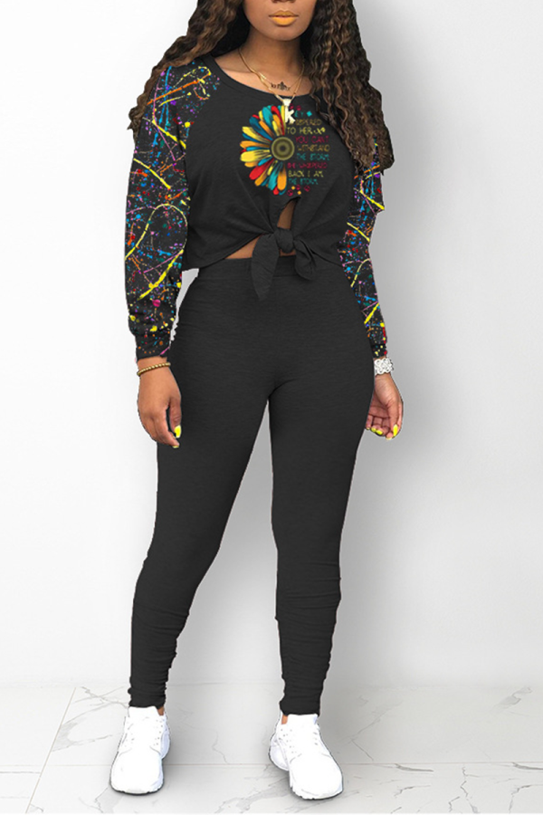 Black Casual Print Patchwork O Neck Long Sleeve Two Pieces