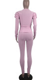 Pink Casual Solid Patchwork Flounce Pearl O Neck Long Sleeve Two Pieces