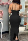 Black Elegant Solid Split Joint Spaghetti Strap Sling Dress Dresses