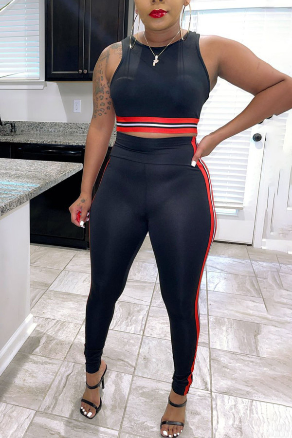 Black Casual Solid Patchwork O Neck Two Pieces