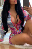 Multicolor Sexy Print Patchwork Hooded Collar Long Sleeve Two Pieces