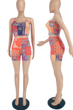 Red Casual Print Patchwork Spaghetti Strap Sleeveless Two Pieces