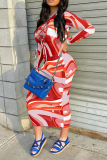 Red Sexy Print Hollowed Out O Neck Pencil Skirt Dresses