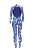 Blue Sexy Print Backless O Neck Skinny Jumpsuits