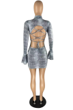 Grey Sexy Print Hollowed Out Half A Turtleneck Pencil Skirt Dresses