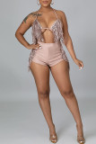 Pink Sexy Solid Tassel Patchwork Frenulum Backless Halter Sleeveless Two Pieces