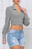 Red Casual Plaid Print Patchwork Turndown Collar Tops