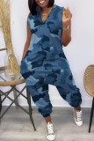 Red Sexy Print Patchwork V Neck Loose Jumpsuits
