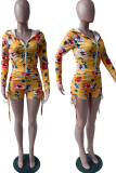 Multicolor Sexy Print Patchwork Hooded Collar Long Sleeve Two Pieces