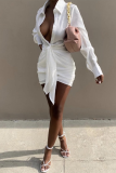 White Sexy Casual Solid Patchwork Turndown Collar Shirt Dress Dresses