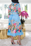 Yellow Casual Print Split Joint Turndown Collar Cake Skirt Dresses