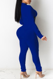 Deep Blue Fashion Casual Patchwork Bandage Half A Turtleneck Long Sleeve Two Pieces