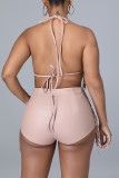 Pink Sexy Solid Tassel Patchwork Frenulum Backless Halter Sleeveless Two Pieces