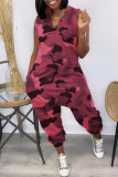 Red Sexy Print Patchwork V Neck Loose Jumpsuits