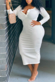White Sexy Solid Split Joint V Neck Pencil Skirt Plus Size Dresses