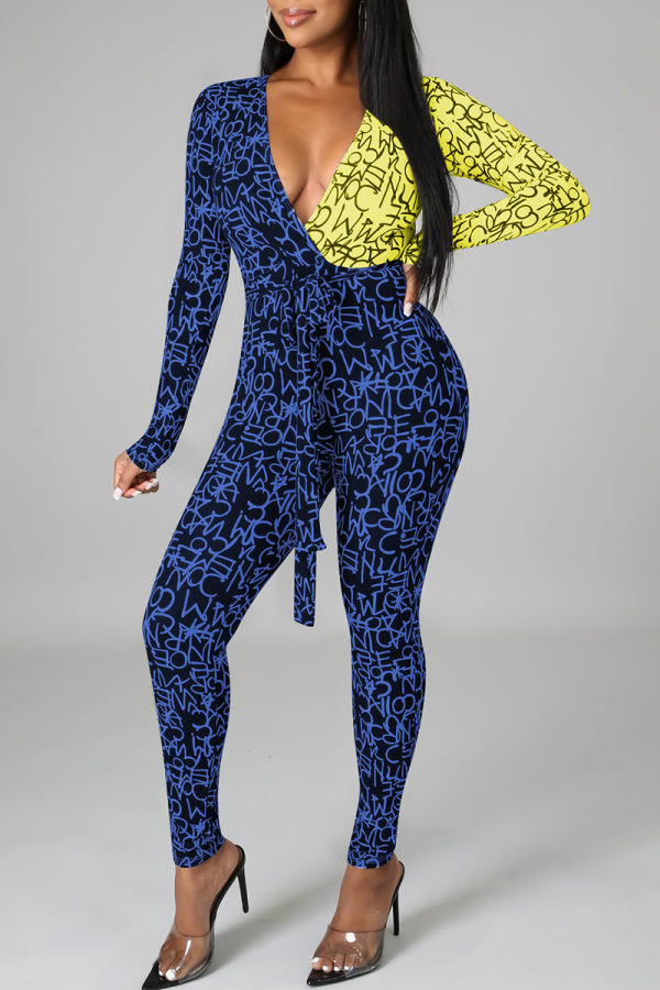 Blue Yellow Sexy Print Patchwork V Neck Skinny Jumpsuits