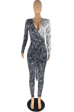 Purple Sexy Print Patchwork V Neck Skinny Jumpsuits