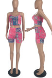 Red Casual Print Patchwork Spaghetti Strap Sleeveless Two Pieces