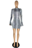 Grey Sexy Print Hollowed Out Half A Turtleneck Pencil Skirt Dresses