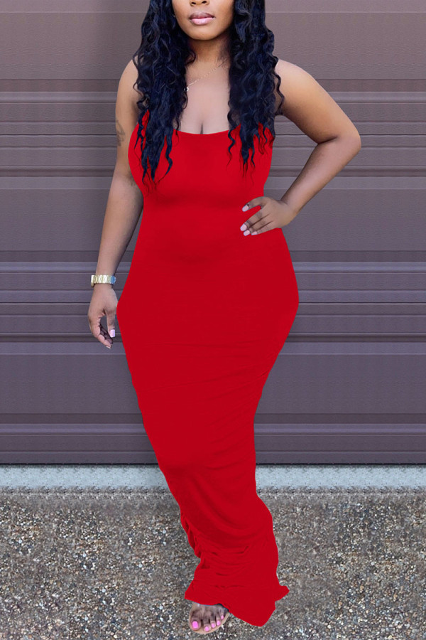 Red Casual Solid Patchwork Fold Spaghetti Strap Sling Dress Dresses