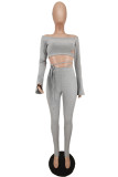 Grey Sexy Casual Solid Bandage Spaghetti Strap Long Sleeve Two Pieces