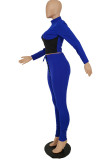 Deep Blue Fashion Casual Patchwork Bandage Half A Turtleneck Long Sleeve Two Pieces