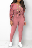 Pink Casual Print Hollowed Out O Neck Long Sleeve Two Pieces