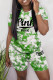 Green Fashion Casual Letter Print Basic O Neck Short Sleeve Two Pieces