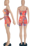 Red Casual Print Patchwork Spaghetti Strap Sleeveless Two Pieces