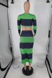 Green Fashion Casual Striped Slit O Neck Long Sleeve Two Pieces