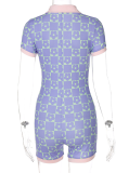 Purple Sexy Print Patchwork Turndown Collar Skinny Rompers