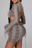 Grey Sexy Print Hollowed Out Half A Turtleneck Pencil Skirt Dresses