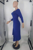 Deep Blue Fashion Casual Solid Asymmetrical V Neck Long Sleeve Dresses
