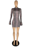 Grey Sexy Print Hollowed Out Half A Turtleneck Pencil Skirt Dresses
