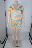 Light Blue Fashion Casual Tie Dye Zipper Hooded Collar Plus Size Two Pieces