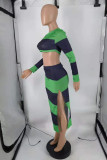 Green Fashion Casual Striped Slit O Neck Long Sleeve Two Pieces