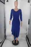 Deep Blue Fashion Casual Solid Asymmetrical V Neck Long Sleeve Dresses