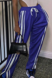 Blue Sportswear Patchwork Slit Boot Cut Mid Waist Speaker Solid Color Bottoms