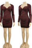 Fuchsia Sexy Solid Patchwork Fold Square Collar Pencil Skirt Dresses