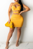 Yellow Sexy Print Hollowed Out Patchwork Backless Halter Pencil Skirt Dresses