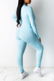 Light Blue Sexy Solid Patchwork Zipper Collar Skinny Jumpsuits