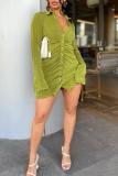 Green Sexy Solid Patchwork Turndown Collar Pencil Skirt Dresses