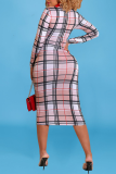 Pink Sexy Plaid Hollowed Out Half A Turtleneck Pencil Skirt Dresses