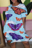 Blue Casual Butterfly Print Patchwork O Neck Ball Gown Dresses